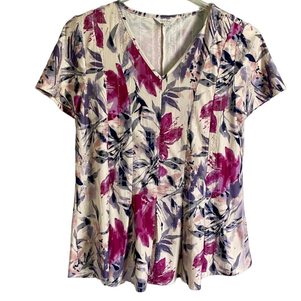 Coral Bay Floral Embellished Pleated Short Sleeve Top Women's Small